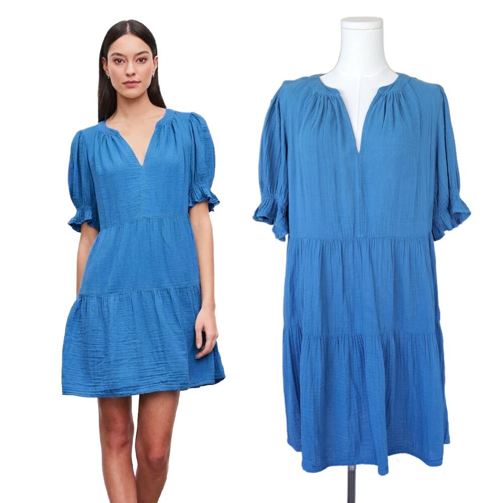 VELVET Graham & Spencer Blue Clarissa Cotton Gauze Tiered Mini Dress Medium
